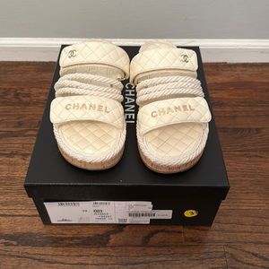 CHANEL Cream Quilted Sandals